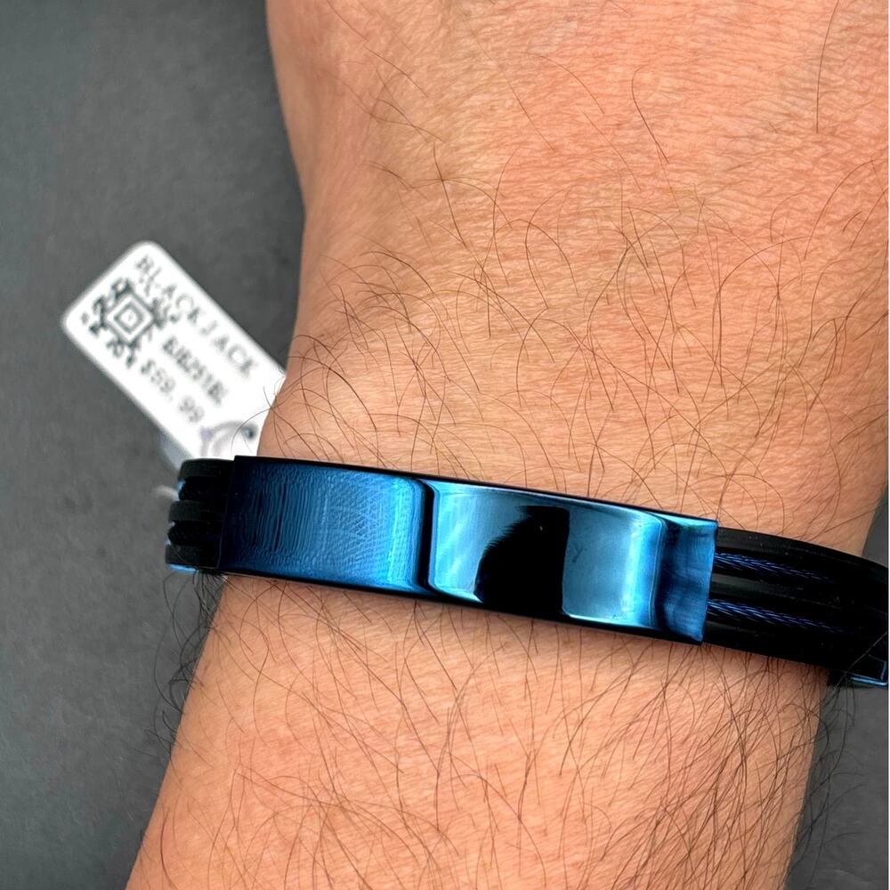 Blackjack BJB251BL Mens Blue Silicone Black Stainless Steel  Bangle ID Bracelet - Picture 11 of 17